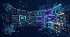 Multiple floating code editor panels connected by neural network lines on a dark navy background, representing AI coding assistants collaborating across development environments